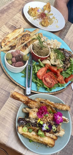 Top: Wild mushroom, fennel and kimchee wontons Middle: Macadamia vegan feta antipasto share plate Bottom: Eggplant chips  at Peregian Beach Hotel in Peregian Beach