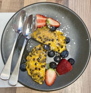 The only vegan dessert on the menu ~ Mango and passionfruit cheesecake  at Peregian Beach Hotel in Peregian Beach