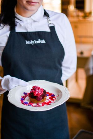 caramelized white buckwheat milk pudding / cherries with raspberries  at White Rabbit - Biały Królik in Gdynia