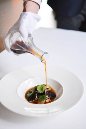 dried Tuchola ceps consommé / “lazanka’’ noodles with marinated mushrooms  at White Rabbit - Biały Królik in Gdynia