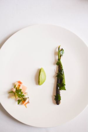 scorched in campfire parsley root with vegetable sauce/pickled vegetables at White Rabbit - Biały Królik in Gdynia