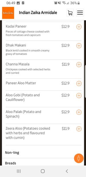 Menu at Indian Zaika in Armidale