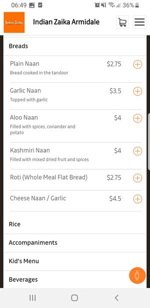 Menu at Indian Zaika in Armidale