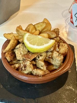 Potato and Fried Pea Protein - yum!  at A Raices in Gran Canaria