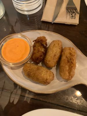 croquettes with an unknown sauce, none of which was good at A Raices in Gran Canaria