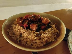 Tofu stir-fry and fried rice at Honey & Dough in Nairobi