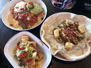 Nachos, sharing hash brown bars and soya keema kebab. All excellent!  at The Adelphi in Preston