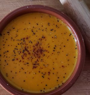 Healing vegan Sweet Potato and Fresh Turmeric Soup at Provisions Natural Foods Market in Sag Harbor