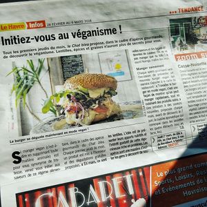 Local new's paper about "Le chat bleu" vegan options  at Le Chat Bleu in Sainte-adresse