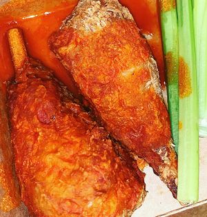 Buffalo Drumsticks
( 2)Drumsticks coated with buffalo sauce: served with  organic celery sticks and ranch dipping sauce. at Loving Hut in Charlotte