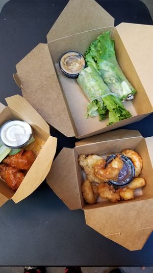 Buffalo drumsticks, summer rolls, and cha cha (battered vegan shrimp) at Loving Hut in Charlotte