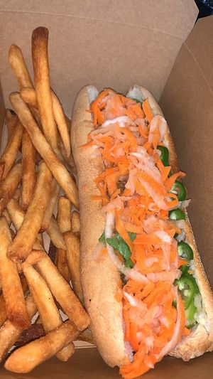Banh Mi
Au Lac style sandwich – Juicy vegan steak, carrot and daikon radish slaw, cucumber, cilantro and jalapeño pepper; served on lightly toasted hoagie roll. at Loving Hut in Charlotte
