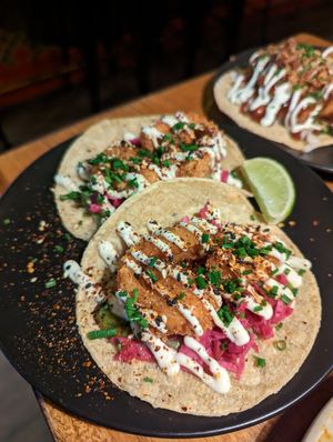 Vegan calamari taco with sauerkraut at Calle Rey in Newtown