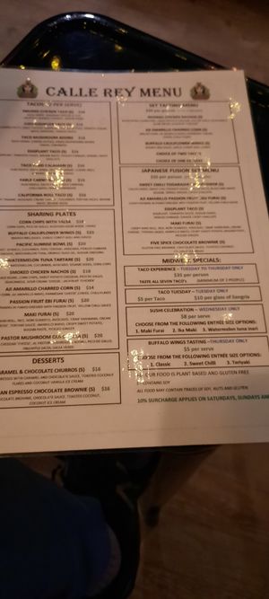 Main menu at Calle Rey in Newtown