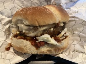 Savory Bleu Cheez & Parm Gourmet Beef Burger  at Moe Vegan in Kent