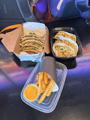 Cajun fries with vegan crack dipping sauce. Shrimp tacos. Jackfruit quesadillas.  at Moe Vegan in Kent
