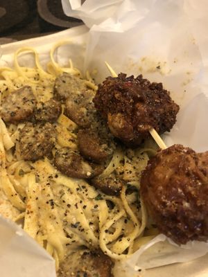 Andouille sausage coconut shrimp fettucini with cream sauce at Moe Vegan in Kent