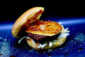 Gourmet "Beef" pineapple "Bacon" burger at Moe Vegan in Kent