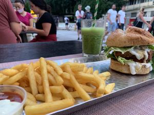 Cheese burger and fries. Green smoothie.   at VEG in Split