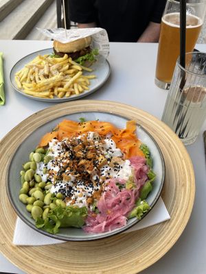 Kitchen fave (didn’t rate), truffle burger (didn’t rate) and truffle fries (good)   at VEG in Split