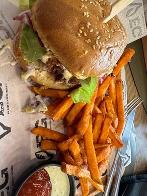 Truffle Burger, with sweet potato fries at VEG in Split