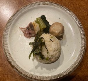 one plate
rice,  dry sea weed ,taro and pickles . at Rakuraku in Kyoto