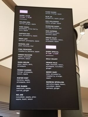 Juice menu at VIE - Juice Factory - T3 in Vienna