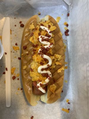 Nacho cheese hotdog at Veggie Dojo in Central Singapore