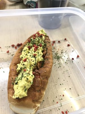 egg mayo bun with bacon bits at Veggie Dojo in Central Singapore