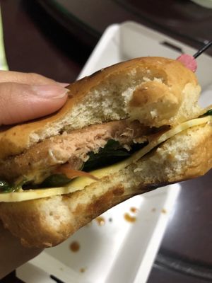 Yakitori burger (bite view) at Veggie Dojo in Central Singapore