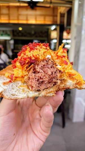 nacho cheese and bacon Beyond Sausage hot dog at Veggie Dojo in Central Singapore
