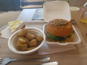 Soya burger and side of potatoes at Ici la terre in Bordeaux