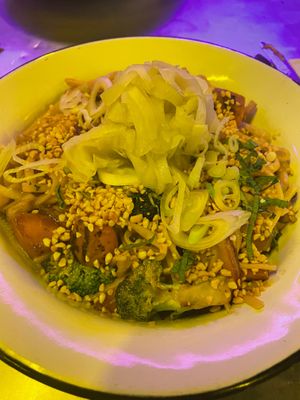 Udon pasta with mushrooms, carrot, onion, cashew cream,  at Elektra Punk & Food in Bogota