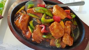 Sizzling Delight (Portobello mushrooms, jicama, asparagus, soy chicken & pineapple stir fry) at Veggie Lin Garden in Astoria