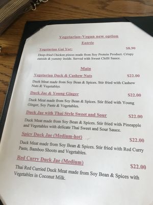 Special vegan menu, they also have a big seperate  vegeterian menu at Khun Pun Thai in Auckland