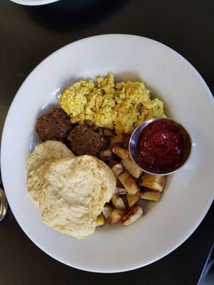 Scramble, sausage, potatoes and biscuit - with their amazing jam at Blossoming Lotus - Irvington in Portland