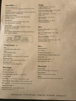 Drink menu mid 2018 at Blossoming Lotus - Irvington in Portland