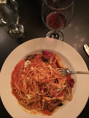 Eggplant & tomato spaghetti with herb chevre  at Blossoming Lotus - Irvington in Portland