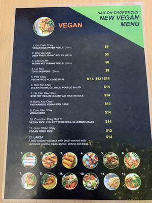 Menu at Saigon Chopsticks in The Entrance