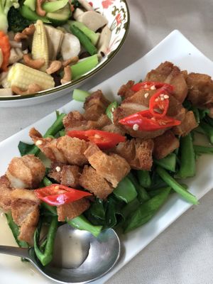 Kale and “pork belly"  at Shewe Vegan & Vegetarian Cafe in Chiang Mai