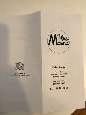 Take away menu/dine in menu. at Monna in Bentleigh