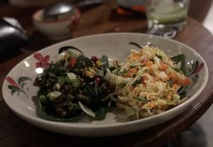 Stir fried Black beans with hot basil leaves  at The Kitchen at Yenakat in Bangkok