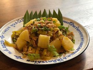 Potato salad with pickled mustard green (Shan State Recipe) 
สลัดมันฝรั่งผักกาดดอง (สูตรไทยใหญ่)  at The Kitchen at Yenakat in Bangkok