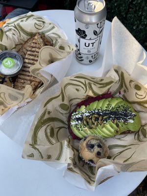 Chicken panini, iced latte and Beet hummus& avo toast at UT47 Manhattan in New York City