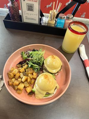 Vegan breakfast chick’n sausage eggs Benedict  at UT47 Manhattan in New York City