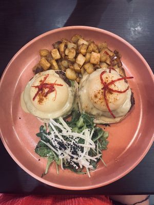 Sausage eggs Benedict   at UT47 Manhattan in New York City