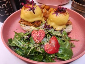 Salmon eggs Benedict at UT47 Manhattan in New York City