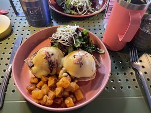 Vegan tofu bacon eggs benedict + iced dirty chai with almond milkk  at UT47 Manhattan in New York City
