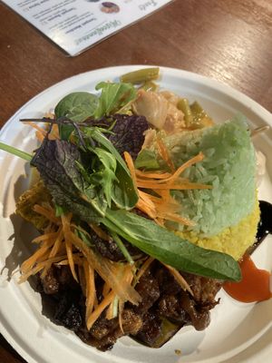 Jackfruit plate with coconut pandang and turmeric rice  at Indo Tempeh House in Christchurch