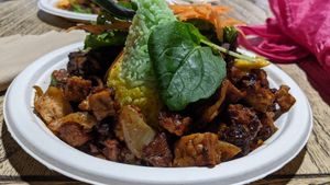 Vegan meal - lots of different items on a plate at Indo Tempeh House in Christchurch